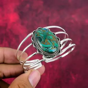 Медный браслет с малахитом и азуритом, ювелирные изделия из драгоценных камней, браслет из чистого серебра 925 пробы, браслет ручной работы, подарок для жены, ювелирные изделия Adjustable зелёный