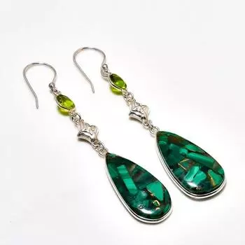 Ювелирные серьги с медным малахитом и драгоценным камнем перидот 925 пробы, посеребренные, 3,03 дюйма