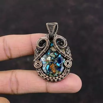 Медный многоцветный бирюзовый кулон, обернутый медной проволокой, ювелирное изделие с драгоценными камнями, уникальный стиль, кулон, ручная работа, медное ювелирное изделие, подарок на помолвку
