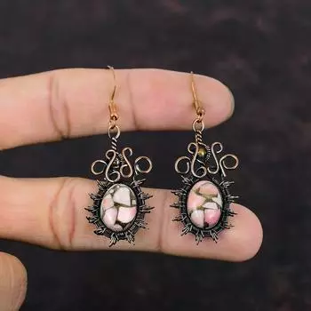 Серьги из медного розового опала, серьги из медной проволоки, драгоценные камни, розовые опаловые украшения, стильные серьги, украшения из медной проволоки ручной работы, подарок для женщин