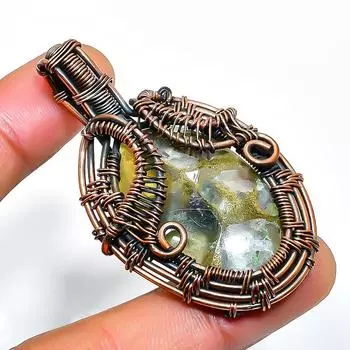 Copper Prehnite Gemstone Handmade Copper Wire Wrap Jewelry Pendant 2.17 2.17 зелёный