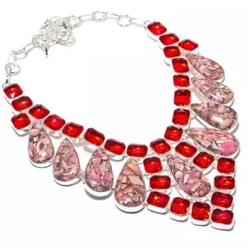 Copper Rhodochrosite, Garnet 925 Sterling Silver Gift Necklace 18 g1S18