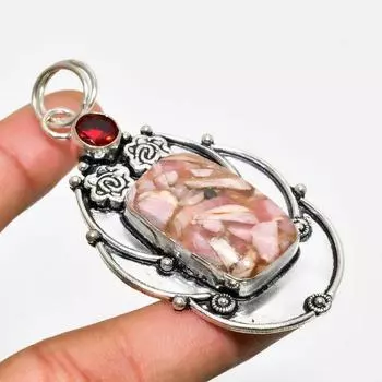 Медный родохрозит и гранат 925 пробы, посеребренный кулон 2,65 дюйма 2.65 розовый