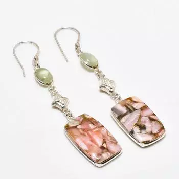 Серьги из меди, родохрозита, пренита, посеребренные 925 пробы, 2,84 дюйма