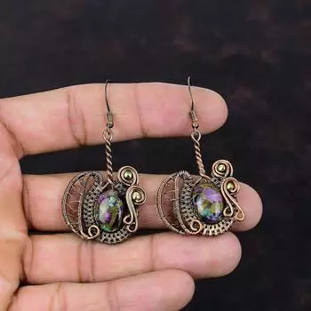 Серьги из медного рубина и цоизита, серьги из медной проволоки, ювелирные изделия из драгоценных камней, серьги ручной работы, серьги-подвески, удивительные медные украшения, подарок для мамы