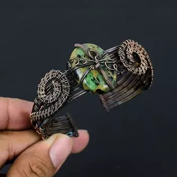 Copper Ruby Zoisite Lab-Created Handmade Copper Wire Wrap Bangle Adjustable R8v47