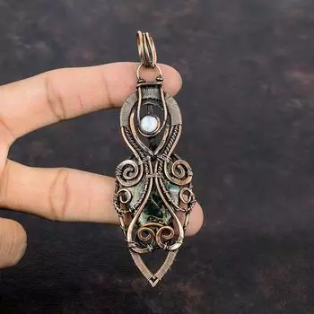 Copper Seraphinite Pendant Copper Wire Wrapped Pendant Rainbow Moonstone Pendant Handmade Copper Wire Jewelry Gift For Her Gemstone Jewelry