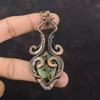 Copper Seraphinite Pendant Copper Wire Wrapped Pendant Seraphinite Jewelry Handmade Pendant Gemstone Pendant Copper Jewelry Engagement Gift