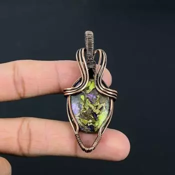 Медный стихтит драгоценный камень ручной работы из чистой медной проволоки, ювелирное изделие, кулон на День благодарения 2.56 Inches зелёный