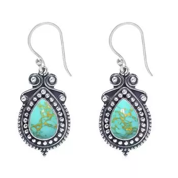 Copper Turquoise 925 Sterling Silver Earring V7399, Cyan Earring, Pear Earring, Valentin s Day Gift, Gift For Her, Birthday Gift, Handmade Jewelry, Si