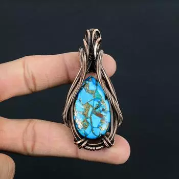 Медный бирюзовый драгоценный камень ручной работы медная проволока обертка ювелирные изделия кулон для свадебного подарка 2.95 Inches синий
