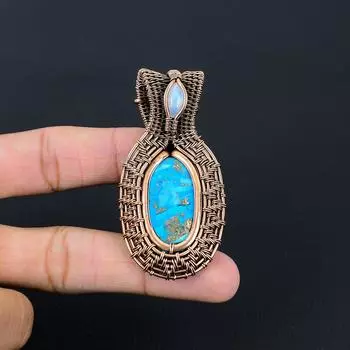 Медная бирюза и лунный камень драгоценный камень чистая медная проволока обертка ручной работы изумительное ювелирное украшение кулон 2.56 Inches синий