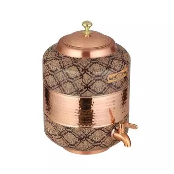 Copper Water Dispenser, Decorative Damask Pattern, Leak-Proof Tap, Heavy Weight (Brown, 14 litres)