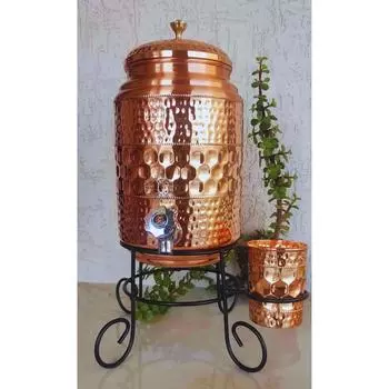 Copper Water Pot with Tap, Glass, and Stand, Diamond Hammered Design, Pure Copper for Storage and Serving Water, Ayurveda Benefits, 5 Liters