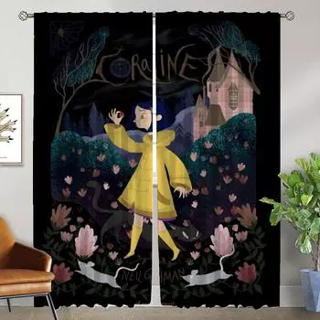 Coralines Современные Шторы Для Гостиной 2 Части Затемняющие Шторы для Камеры Раздела Хэллоуин Украшения Окна Шторы Для Детей W50xH70cmx2pcs-CL
