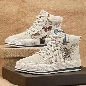 Corduroy board shoes student autumn high-top men s shoes 2024 new straw sole casual shoes men s Harajuku trendy shoes 39