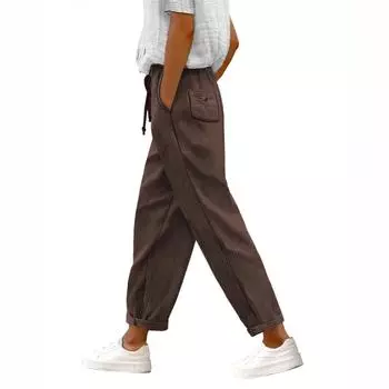 Corduroy Casual Straight Leg Pants for Women Elastic Waist Tapered Trousers with Pockets L кофейный