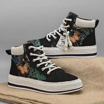 Вельветовая ткань с вышивкой в виде бабочки в стиле ретро с высоким берцем, персонализированная соломенная толстая подошва, увеличивающая рост, повседневная спортивная мужская обувь 39