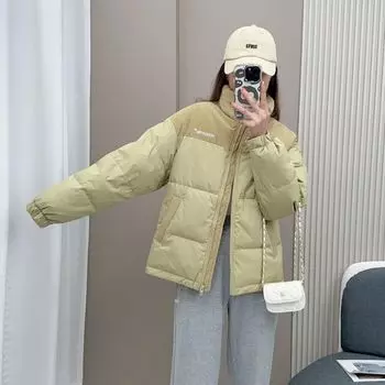 Corduroy down jacket women s short winter thickened white duck down fashion casual stand-up collar loose coat coat S