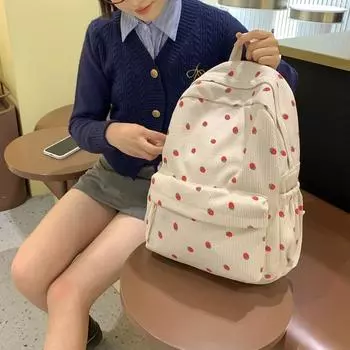 Вельветовый рюкзак с принтом клубники, школьная сумка в студенческом стиле, рюкзак большой вместимости белый