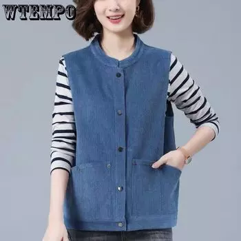 Вельветовый жилет осень-зима новый женский однотонный цвет карманы без рукавов закрытые пуговицы универсальный кардиган топы L белый