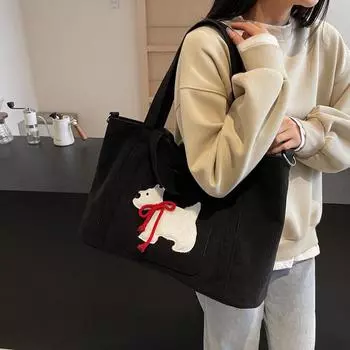 Вельветовая женская сумка через плечо, большая вместительная сумка-тоут, школьная сумка для занятий чёрный