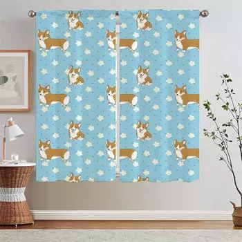 Corgi Bedroom Curtains 2 Pieces Luxury Living Room Curtains for Doors Blinds Window Curtain Tiebacks Curls Tulle in Kitchen the W50xH70cmx2pcs-CL