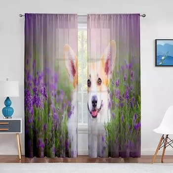 Corgi In The Flower Field Puppy Dog Прозрачные шторы для оконного оформления кухни, гостиной, спальни, декора, современных тюлевых штор 1 PCS W100XH250cm&Rod Pocket