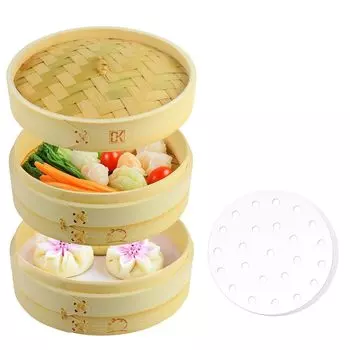 CORKAS Пароварка Бамбук Натуральный Для Японского Дима Здоровый Приготовленный на Пару Коммерческий Включает 50 Пароварок Отличный Подарок на День уважения к пожилым людям 26см, Пароварка,