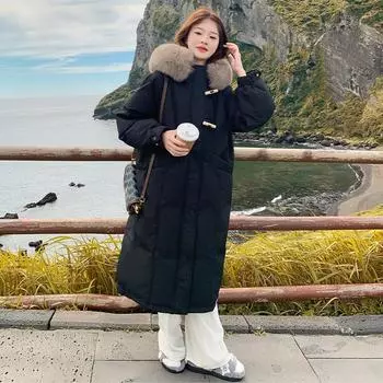 Corner buckle down jacket for women s winter over-the-knee thickened jacket medium and long large fur collar jacket M чёрный