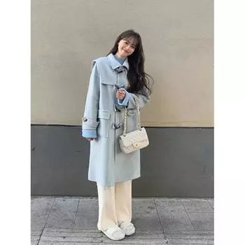 Corner button woolen coat for women s 2024 autumn and winter design sense, advanced medium and long loose casual dragon and phoenix coat for women S синий