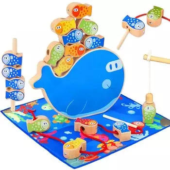 CORPER TOYS деревянная игрушка 4 в 1 головоломка игрушка для рыбалки игрушка для нанизывания ниток балансировочная игра палочка для игры милый деревянный пазл рождественский подарок игрушка синий