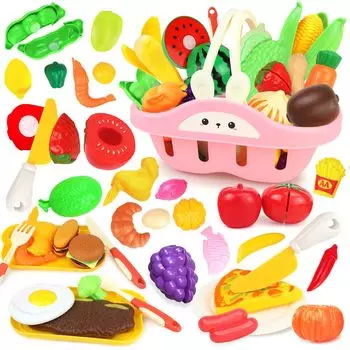 CORPER TOYS Play House Kitchen 51 Piece Retend Cutting Educational Storage Case Hook and Loop Rotend Play Set, Set, Set, Ingredients, Vegetables,