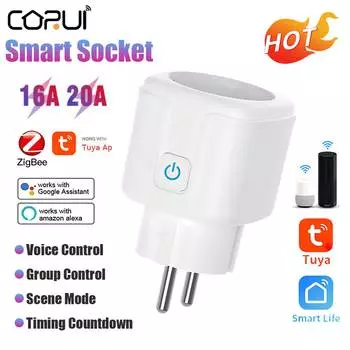Corui Tuya Smart Zigbee Power Plug EU 16a 20a с монитором питания Беспроводная розетка Smart Life для использования с Alexa Google Home Alice EU-16A 1pc