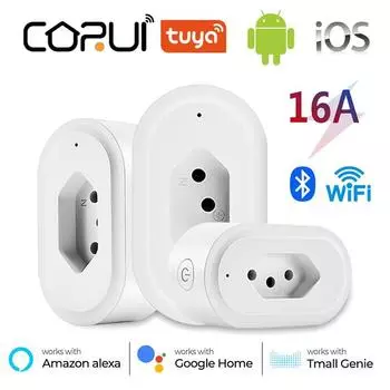 Corui Tuya Wi-Fi Smart Plug Бразилия 16a с монитором питания Smart Life App Розетка с дистанционным управлением Использование с Alexa Google Home 16A-With Power Monitor