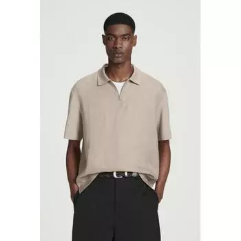 Cos Japan Panel Linen Half Zip Polo Shirt dark beige/XS