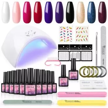 COSCELIA 10 шт. Цветной гель-лак для ногтей для ногтей Впитывание УФ-геля Цветной лак и лампа для сушки ногтей мощностью 36 Вт Замочить верхнее базовое покрытие Французский набор наклеек для ногтей