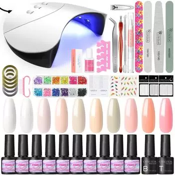 COSCELIA, 10 шт., набор гель-лаков для ногтей, 36 Вт, УФ-светодиодная лампа для сушки ногтей, замачиваемый гель-лак, гель для рисования ногтей с верхним базовым покрытием, набор страз для дизайна ногтей
