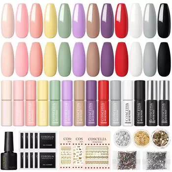 COSCELIA 12 шт. Гель-лак для ногтей с матовым верхним базовым покрытием Краска для ногтей Наклейки для дизайна ногтей Набор маникюрных инструментов со стразами Набор для замачивания гель-лака для ногтей