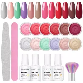 COSCELIA 12 шт., пудра для окунания, пудра для окунания, акриловая пудра для ногтей с набором активаторов для ногтей и инструментом для дизайна ногтей, маникюрный набор телесного коричневого цвета
