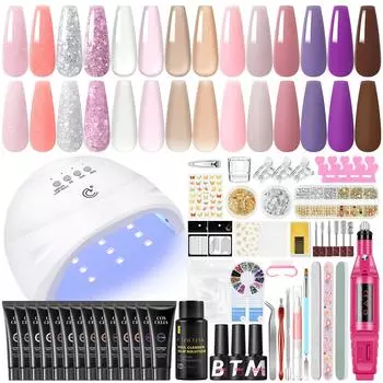 Coscelia 14Pcs Poly Nail Extension Gel Kit 15ML Poly Extension Gel Nail Lamp with Nail Drill Machine Top and Base Coat Slip Solution Nail Art Design