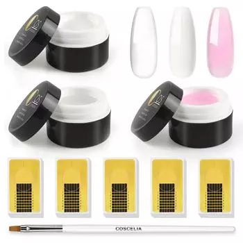 COSCELIA 15 мл Полигель для наращивания ногтей УФ-гель для ногтей для наращивания ногтей с 100 шт. Формы для ногтей для накладных ногтей Набор кончиков кисточек для ногтей Маникюрный набор