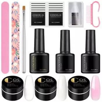 COSCELIA 15 мл УФ-гель Полигель для наращивания ногтей Набор Нужна УФ-светодиодная лампа для ногтей Инструменты для дизайна ногтей для наращивания ногтей Набор с матовым верхним базовым покрытием для дизайна ногтей