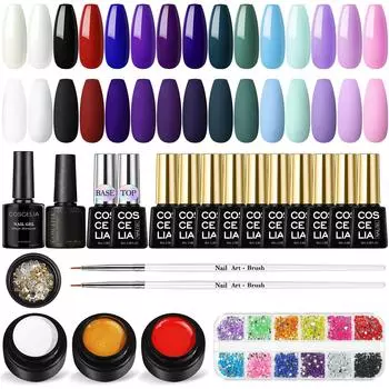 COSCELIA 15 шт. гель-лак для ногтей, УФ-гель-лак для ногтей, маникюрный набор, лайнер, гель-паук и матовое верхнее базовое покрытие, стразы для ногтей, краска для ногтей, набор инструментов для дизайна ногтей