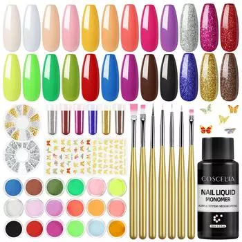 COSCELIA 18 шт. цветная акриловая пудра 3D-резьба кристаллический полимер для наращивания ногтей маникюрный набор для наращивания ногтей и набор кистей для акриловой жидкости 30 мл