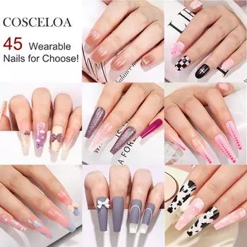 COSCELIA, 24 шт., накладные ногти, накладные ногти, полное покрытие, искусственные кончики ногтей, короткие/скошенные/квадратные, французские кончики со стразами, маникюрные инструменты для ногтей