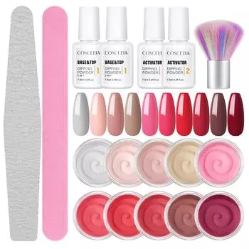 COSCELIA 2 г порошок для окунания ногтей, 10 шт., набор для длительного нанесения порошка с базовым верхним покрытием, активатор, набор инструментов для маникюра
