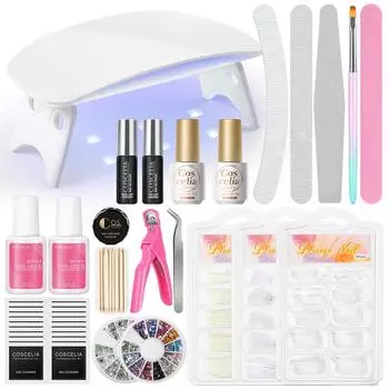 COSCELIA 300 шт., накладные ногти, маникюрный набор, УФ-светодиодная лампа для ногтей и базовое верхнее покрытие, 8 г, клей для ногтей, наборы инструментов для дизайна ногтей, дизайн ногтей