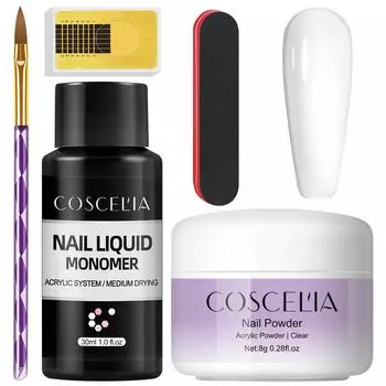 COSCELIA 30 мл акриловой жидкости и 8 г прозрачной акриловой пудры для 3D-резьбы наращивания ногтей Наращивание ногтей Дизайн ногтей Накладные кончики ногтей Маникюрный набор