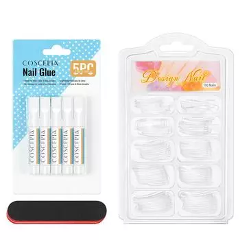COSCELIA 5 шт. 2 г клей для ногтей и 100 шт. прозрачные типсы для накладных ногтей с пилочкой для ногтей накладные кончики ногтей быстросохнущий клей липкие инструменты для блеска для ногтей